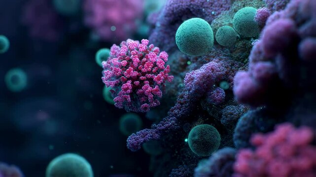 Microscopic visualization revealing viral particles attaching and potentially infecting cellular structures, demonstrating intricate biological interaction mechanisms - Powered by Adobe