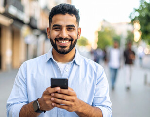 Smiling man with phone in hand looking at camera in urban setting – lifestyle, digital communication, and real people
