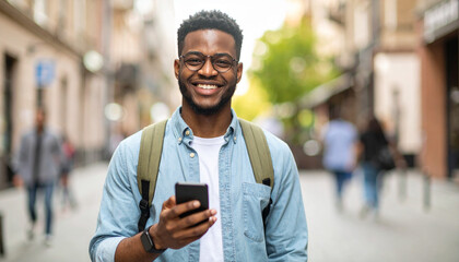 Confident man holding smartphone and looking at camera outdoors – modern lifestyle and mobile technology concept

