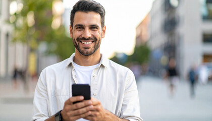 Smiling man with phone in hand looking at camera in urban setting – lifestyle, digital communication, and real people
