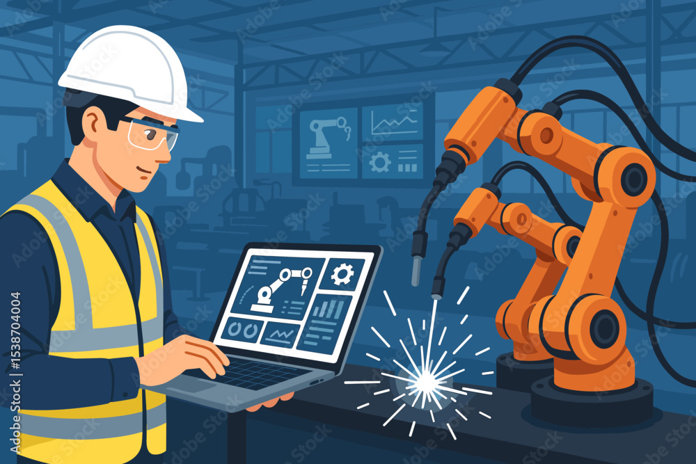 Aufkleber engineer controlling robotic welder arm on factory production line. smart manufacturing, industry 4.