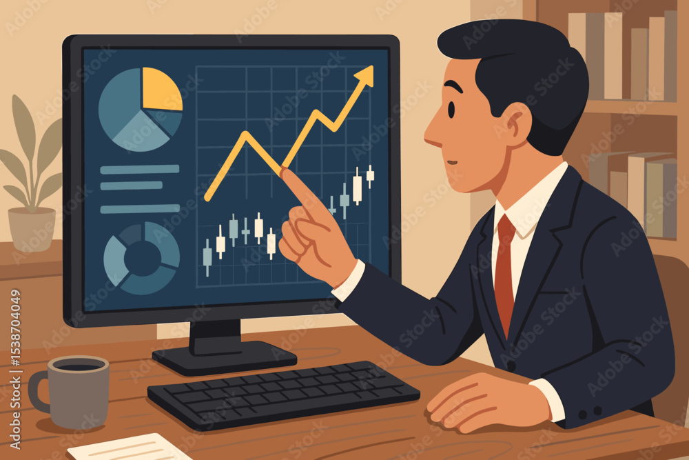 Poster businessman analyzing financial data on computer screen. professional manager or analyst pointing at