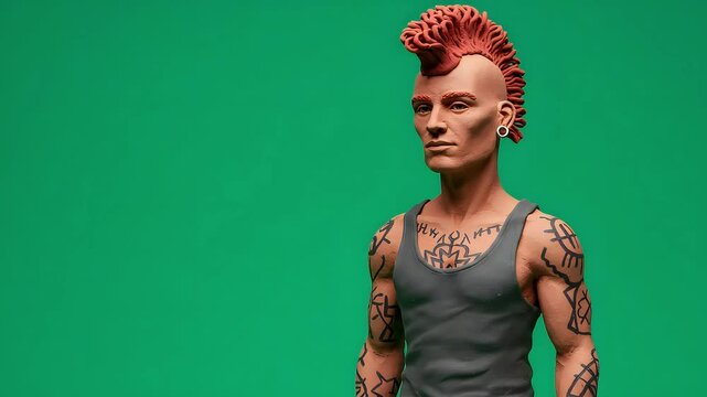 A 3D clay model character figure of a punk rock person with a mohawk hairstyle, tattoos, and a tank top on green screen background