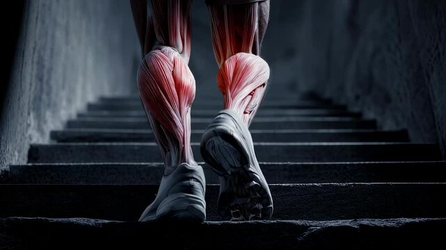 Medical visualization showcasing quadriceps muscle engagement during stair descent, demonstrating biomechanical dynamics of lower leg movement and muscular interaction during walking activity