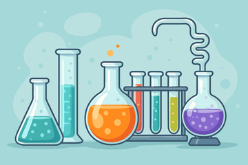 Science laboratory glassware vector illustration. Chemistry lab equipment with test tubes, flasks, and beakers. Bubbling chemical solutions for a science experiment or research.