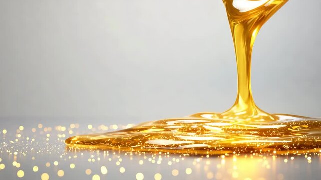Sparkling syrup motion, golden honey flow golden honey flow golden honey flow with shiny liquid texture and sparkling light drops in slow motion