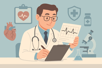 Cardiologist doctor examining heart rhythm on an electrocardiogram. Medical professional analyzing EKG results for diagnosis. Healthcare concept with stethoscope and heart icons. Vector.