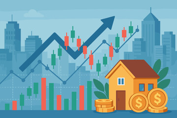 Real estate investment and housing market growth concept. Financial stock chart with rising arrow showing property value appreciation and profit against a cityscape background.