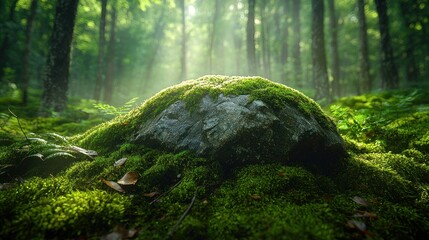 Moss-covered rock in a sunlit forest. Sunlight streams through the trees