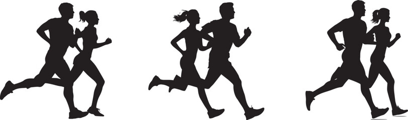 Running Couple Silhouette Set. Jogging Man and Woman Vector Icons.