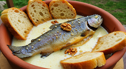Georgian Shkmeruli Fish. garlic-milk baked trout in clay pot, crusty bread soaking sauce, walnut sprinkle