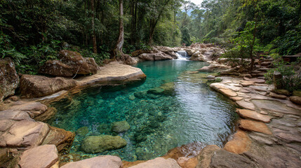 Fototapeta premium Tropical Hot Spring Pool Surrounded by Jungle and Boulders