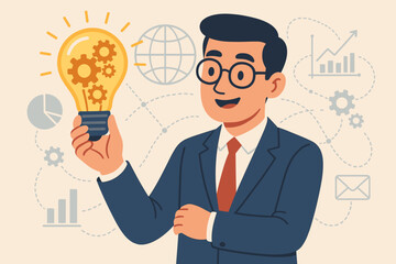Businessman holding lightbulb with gears. Concept for innovative business solution, creative idea, strategy, success. Vector illustration of thinking, development, and growth.