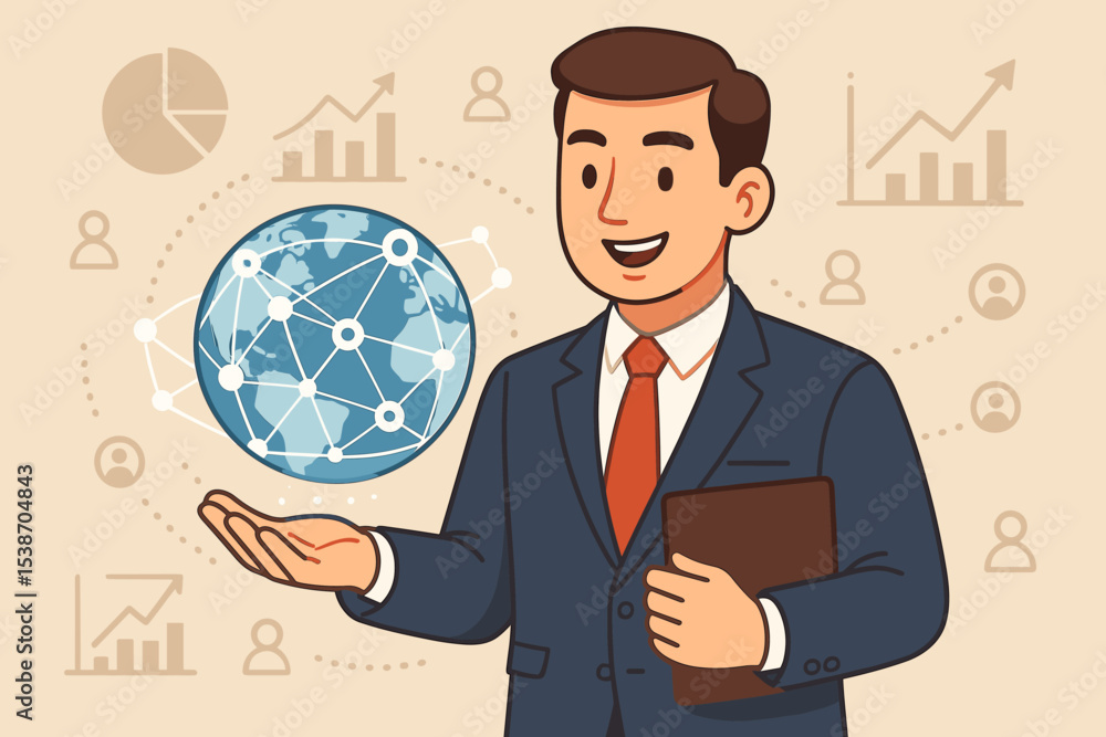 Poster cartoon businessman presents global business network. manager with globe and data analytics charts. 