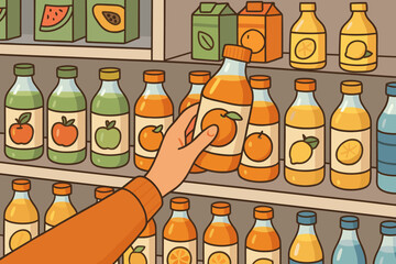 Hand choosing orange juice from supermarket shelf. Vector illustration of grocery shopping. Customer buying fruit drink in store. Concept of consumer choice, retail and healthy food.