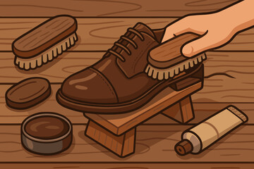 Hand polishing a classic brown leather shoe with a brush. Shoeshine kit with wax, cream, and tools on a wooden stand. Shoe care, maintenance, and restoration concept. Vector.