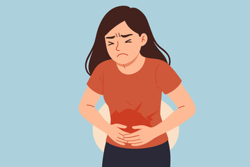 Stomach ache vector illustration. Woman suffering from strong abdominal pain and cramps. Health problem concept for period pain, menstruation, PMS, gastritis, or indigestion.