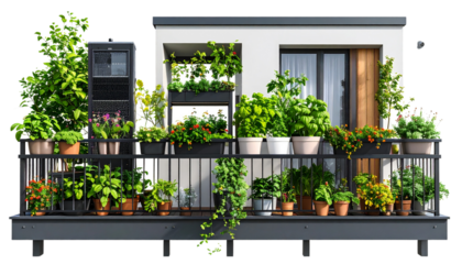 “AI Garden Monitoring System for Urban Balcony isolated on transparent background.

