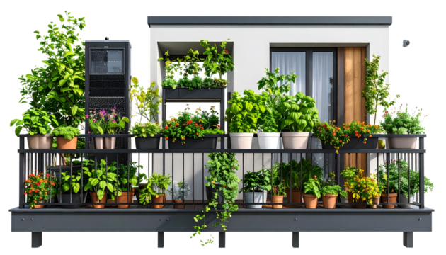 “AI Garden Monitoring System for Urban Balcony isolated on transparent background.
