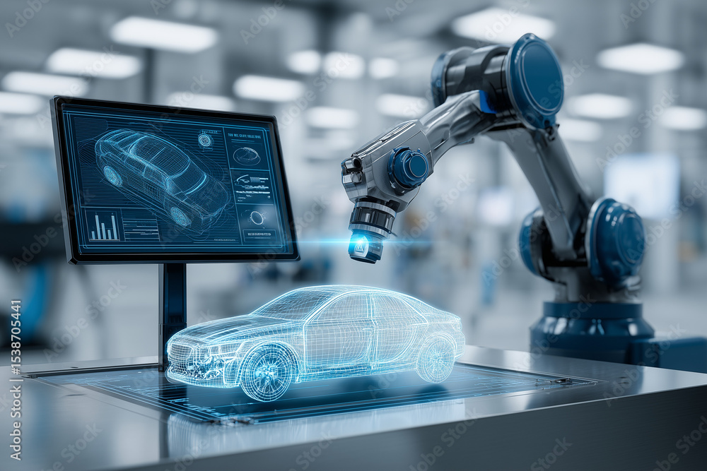 Poster automated robotic arm equipped with a 3d scanner is scanning a car part in a lab environment. monito
