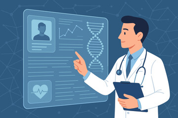 Doctor analyzing patient's electronic medical record on a futuristic digital interface. Digital health innovation, telemedicine, DNA research, and modern healthcare technology concept.