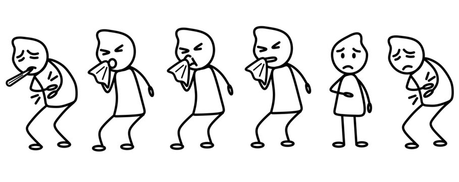 Sick Stick Figure Character Sneezing and Feeling Unwell - Cartoon Sequence. Perfect for educational materials, emotion charts, comics, and mental health content