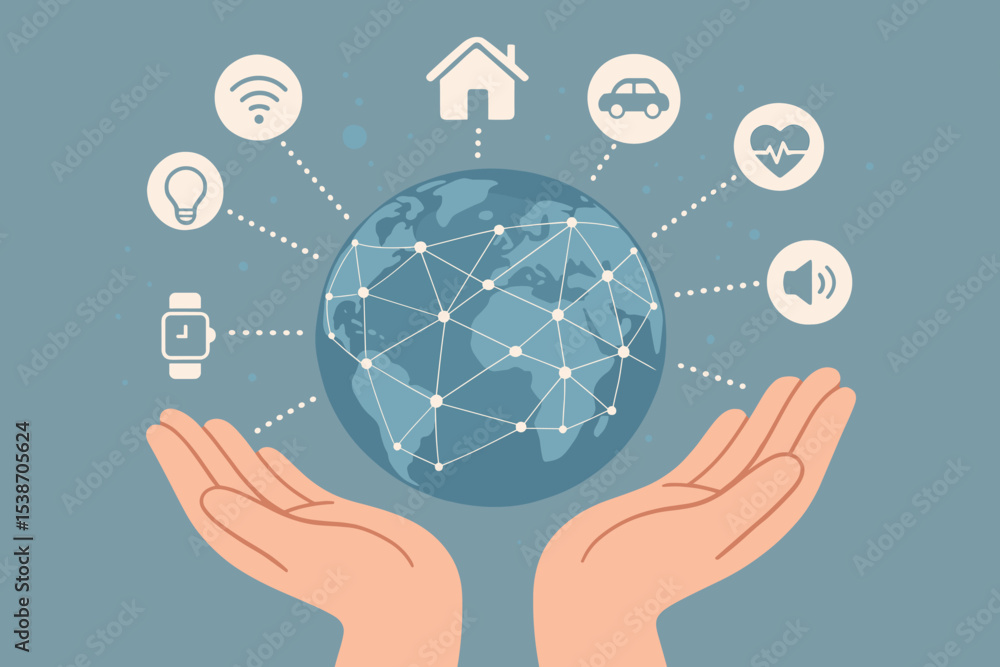 Poster smart technology and internet of things vector concept. hands holding planet earth with a global net