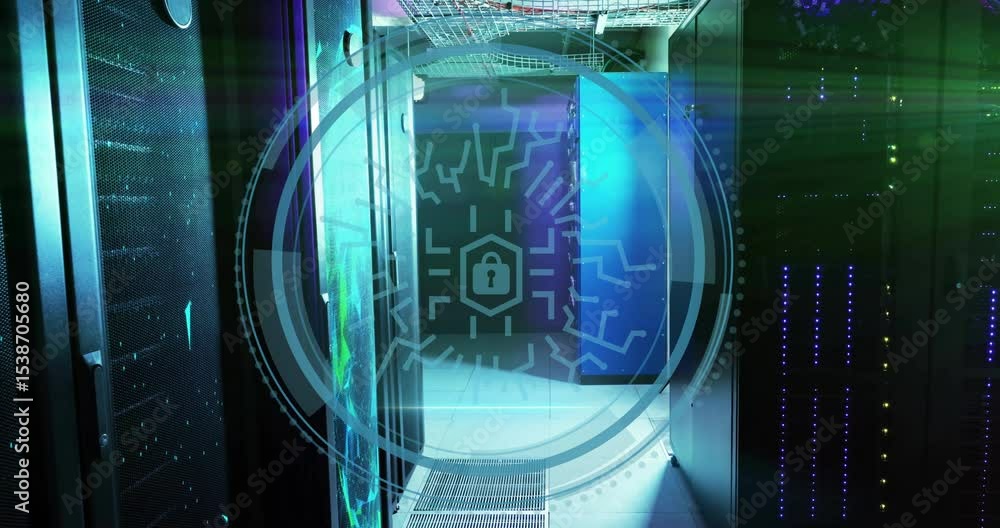 Poster cyber security text fading triggers hud expanding and scanning server racks for security monitoring
