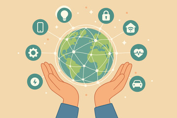Smart technology and Internet of Things (IoT) concept. Hands holding globe with global network. Digital ecosystem with icons for home, health, car, security, energy, communication.