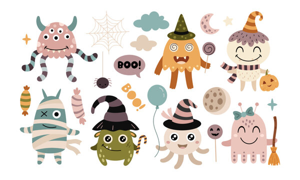Halloween monster clipart set. Cute spooky seasonal elements, Halloween character, Happy Halloween hand drawn vector illustration in flat style