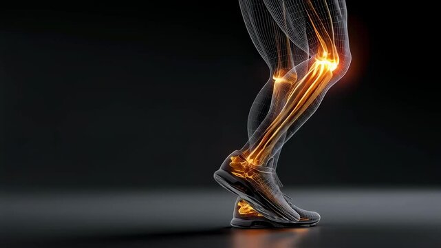 Wireframe runner legs highlighting a stress fracture injury during running, providing a visualization of the impact and stress on bones during physical activity