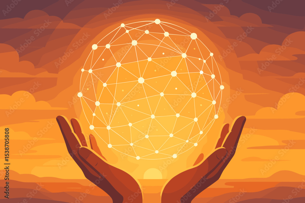 Poster hands holding a glowing global network sphere. future technology and internet communication concept.