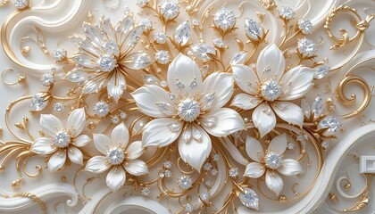 Elegant white flowers with gold accents and crystal embellishments in luxurious 3D style. Perfect for wedding decor, luxury branding, or background designs.