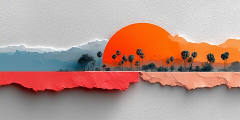 Tropical sunset landscape with palm trees in torn paper collage style and bold colors. Concept of surreal travel, modern design, and exotic escape