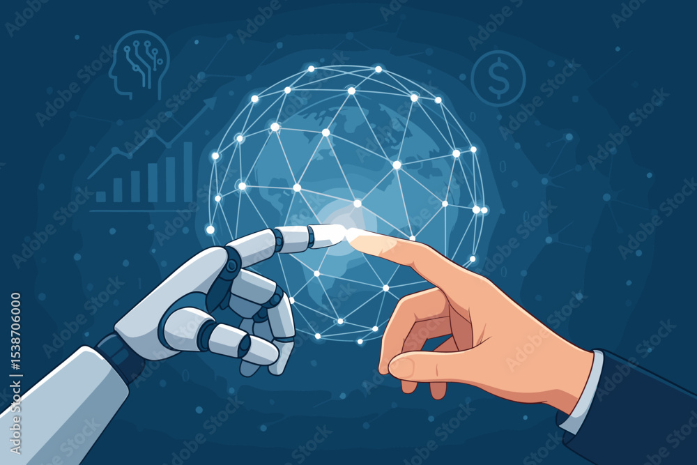 Aufkleber ai concept with robot and human hands connection. global business technology and finance investment.