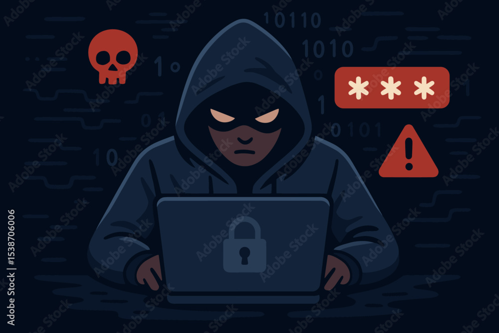 Poster hacker in hoodie at laptop computer illustration. cybersecurity threat concept with anonymous charac