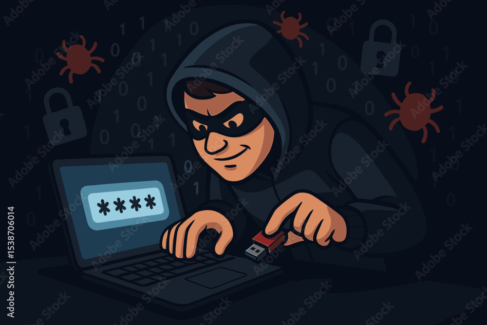Poster hacker in a hoodie trying to hack a password on a laptop. cybersecurity concept of data breach, viru