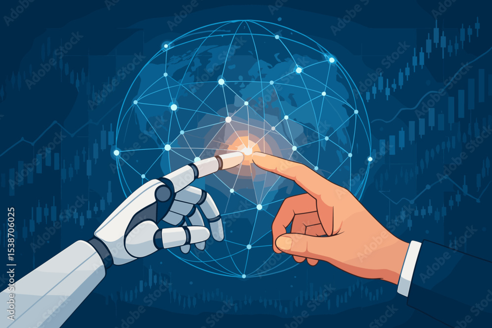 Aufkleber robot and human hand touching. ai collaboration concept for global business and finance. digital tra