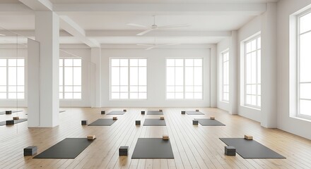 Bright yoga studio with mats and blocks on wooden floor
