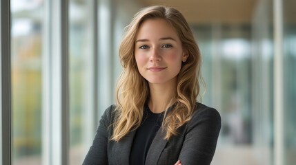 A confident young woman with blonde hair, wearing a gray blazer, stands with arms crossed in a modern office setting.