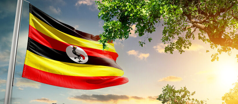 Uganda national flag waving in the sky behind the tree. The flag blow in beautiful sunlight. Uganda national flag for independence day.