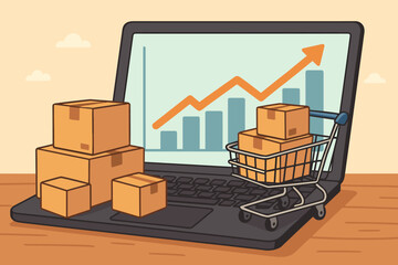 Business growth and e-commerce success concept. Laptop with rising sales graph, shopping cart and delivery boxes. Online shopping, retail, logistics and profit analytics vector.