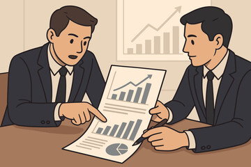 Two businessmen analyzing sales data at a corporate meeting. Colleagues discussing financial report and growth charts. Business strategy planning, teamwork, and market analytics.