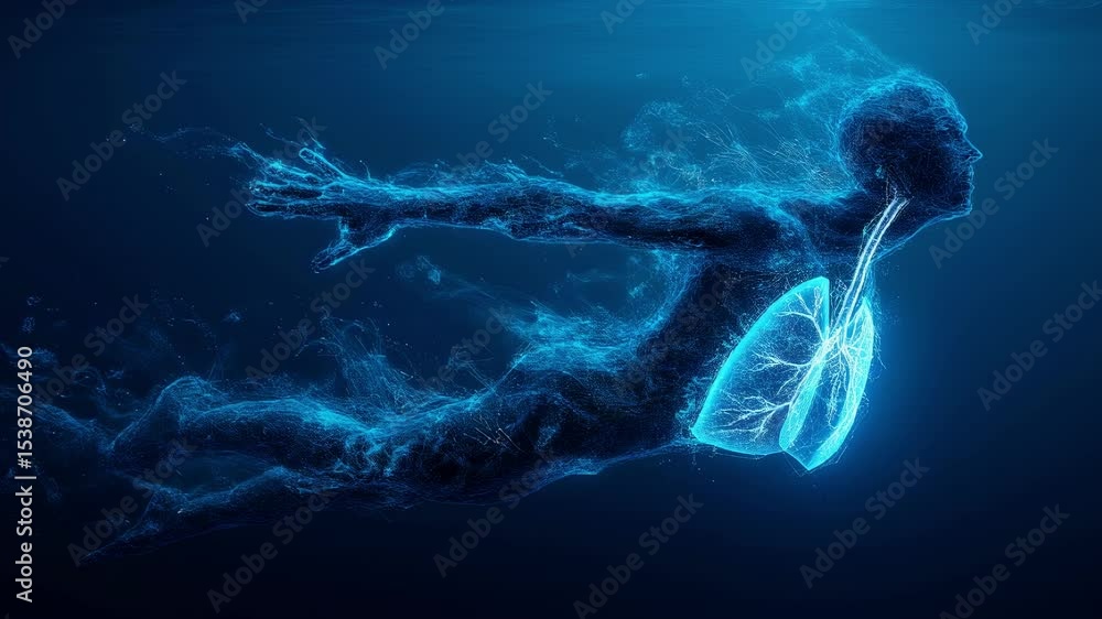 Aufkleber glowing human particle swimmer navigating underwater medical visualization, representing respiratory
