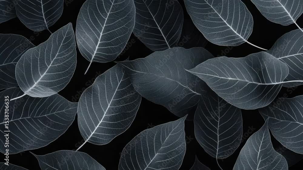 Poster a close-up shot of various leaf shapes and textures in monochrome tones