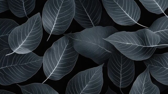 A close-up shot of various leaf shapes and textures in monochrome tones