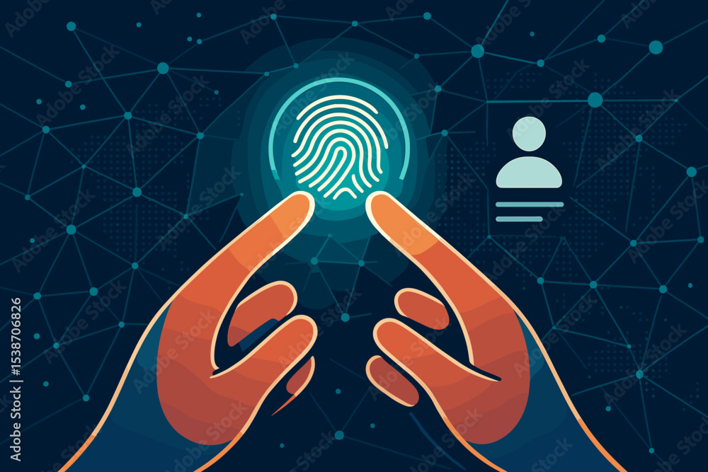 Poster biometric security and fingerprint scanning concept. user authentication for digital identity verifi