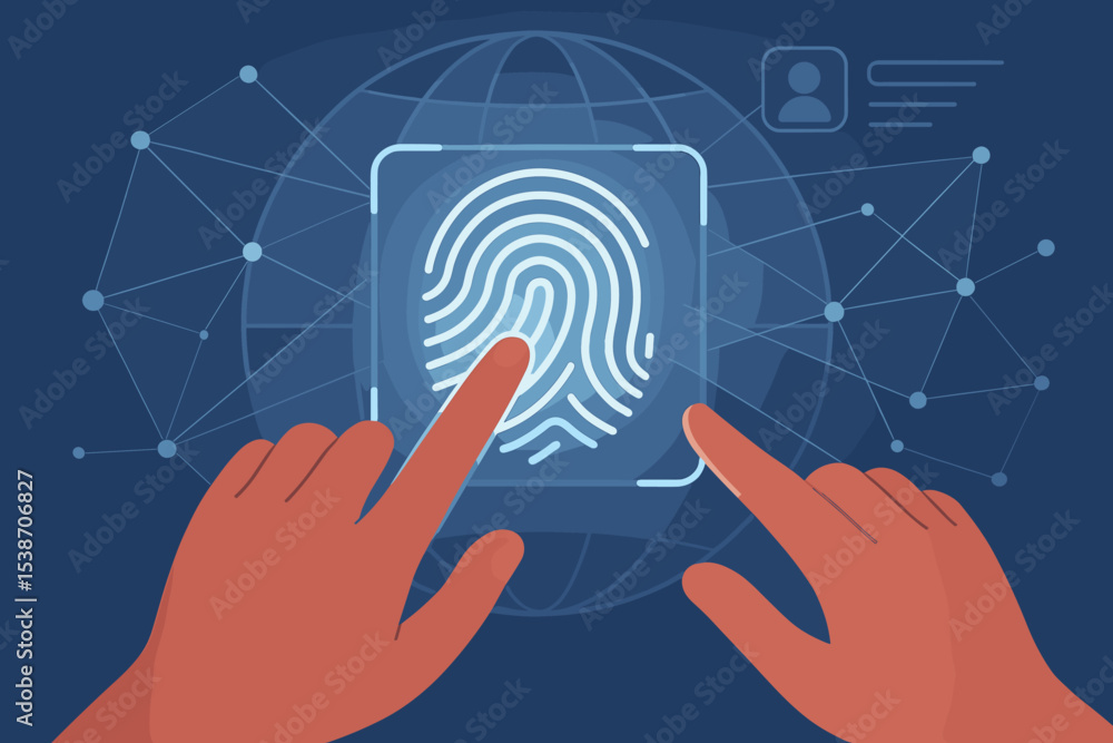 Poster biometric security innovation concept. finger touching digital screen to scan fingerprint for identi