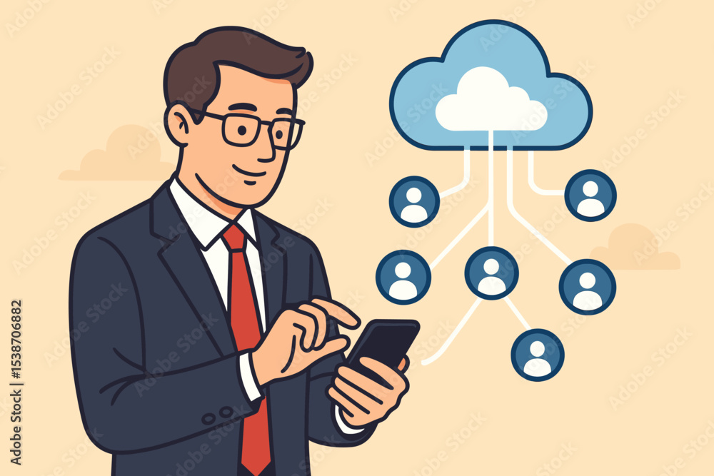 Poster cloud computing concept with businessman managing network on smartphone. data storage, information t