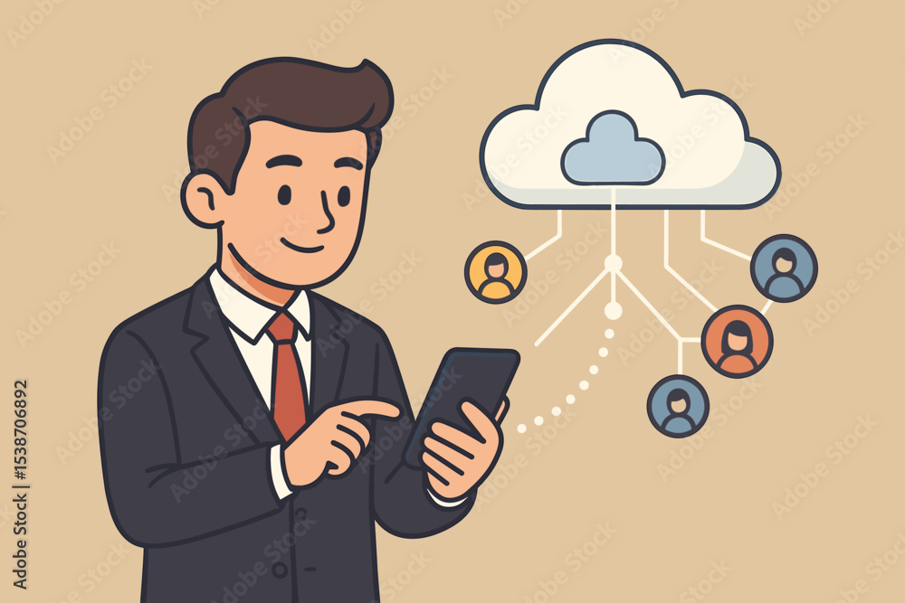 Poster businessman using smartphone connected to cloud computing network. concept for data storage, digital